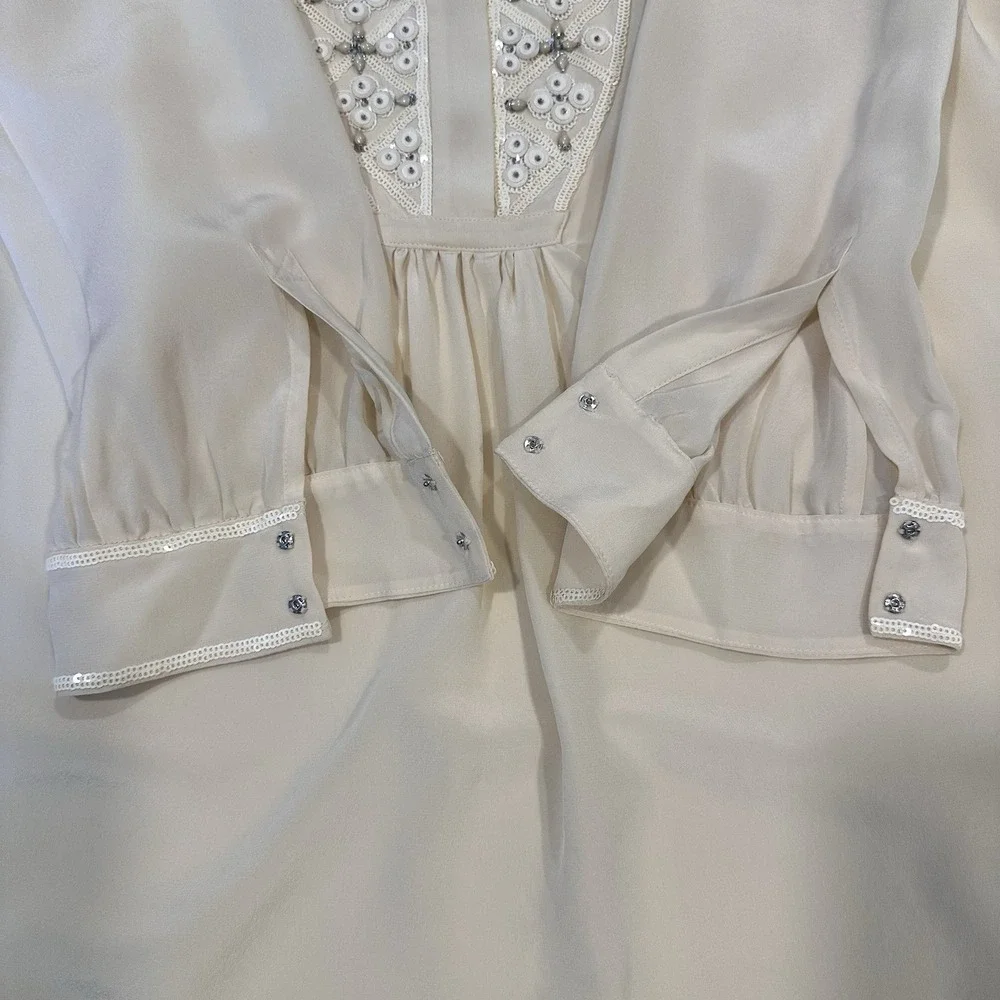 Tory Burch Size-8 Silk Embellished  Blouse 3/4 Sleeve Top‎ Ivory